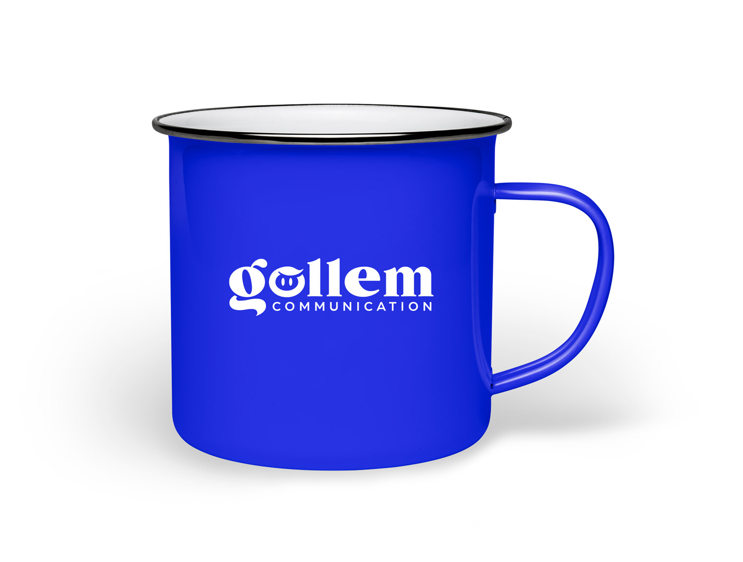 mug-fondblanc Présentation de la création de godines personnalisé. On y voit un mug en fonte émaillé aux couleurs et avec le logo de Gollem Communication.